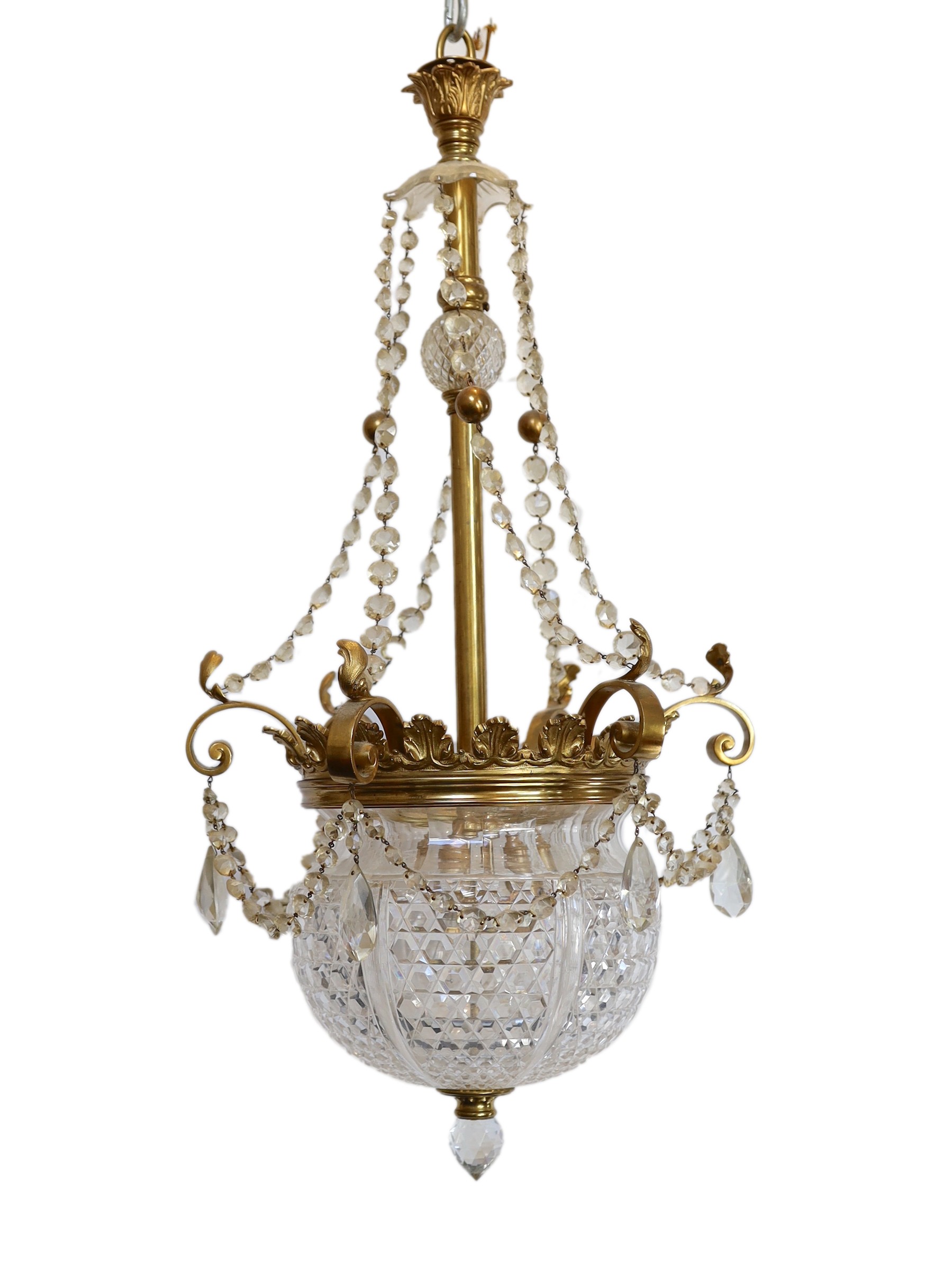 A late Victorian ormolu and cut glass light fitting, by F & C Osler, drop 80cm diameter 36cm